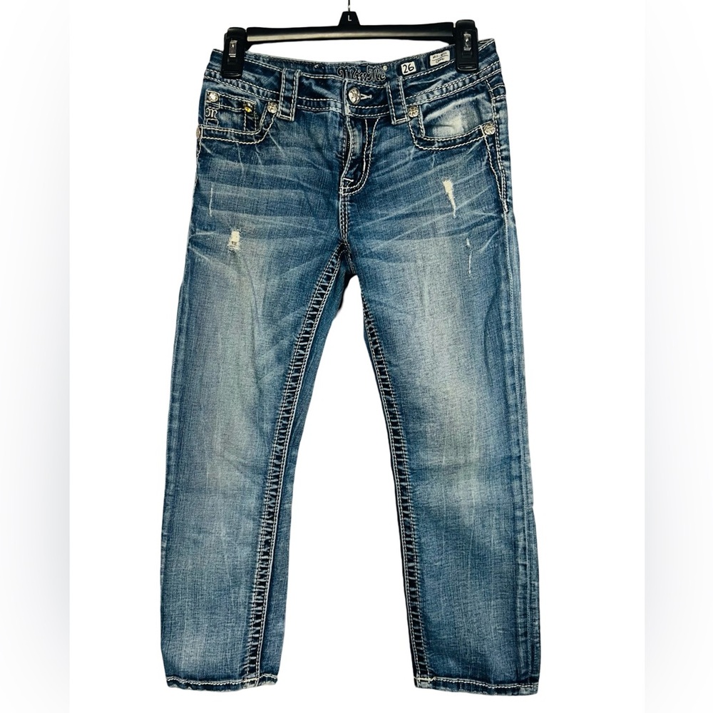 Miss Me Blue Skinny Cropped Jeans with Distressed Details